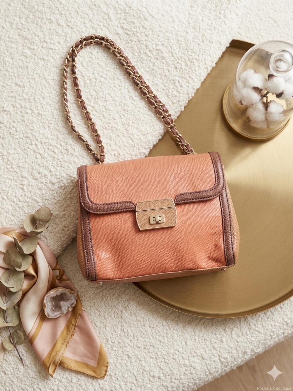 Love Moschino Colorblock Chain Shoulder Bag Orange Brown Taupe Textured Purse